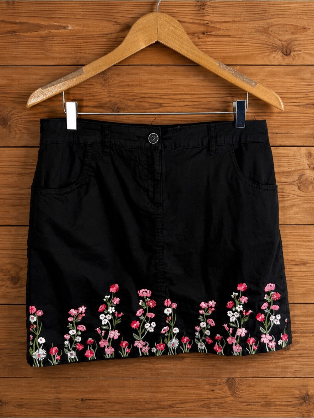 Karen Scott Embroidered Floral Black A-line Mini Skirt with Undershorts